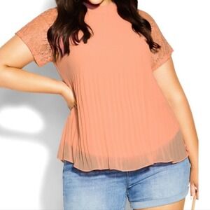 City Chic peach flowy top NEW Plus 18 M lace sleeve pleated shirt blouse NWT
